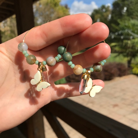 Indian Agate Butterfly Quartz Gold Hoop Earrings - Picture 7 of 8